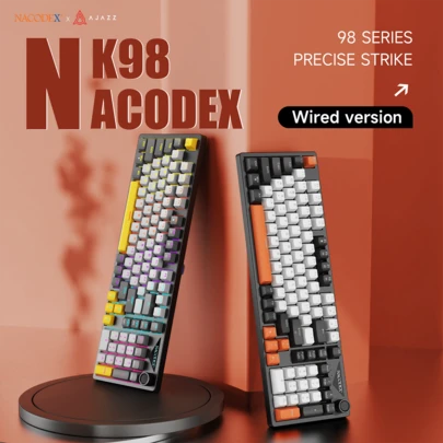 AJAZZ AKAZZ NK98 Жична механична клавиатура, ABS, три части, полупрозрачни клавиши, метални копчета, структура на корпуса, зелена ос/червена ос, опция, пълни клавиши, гореща смяна