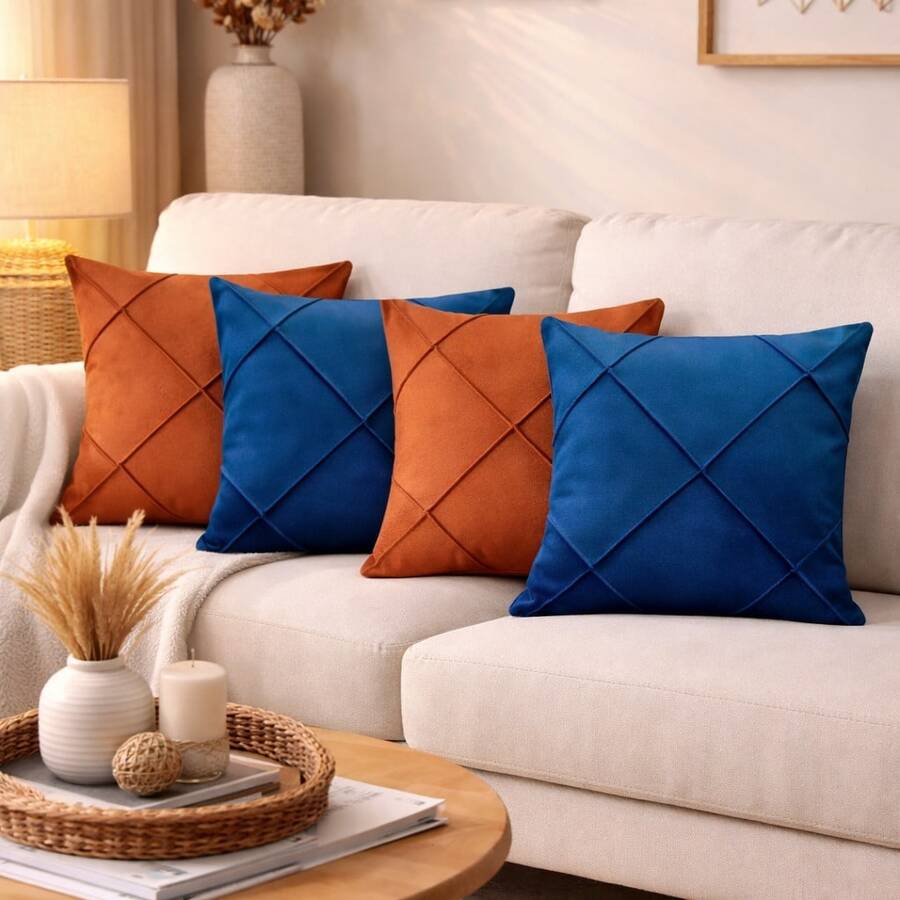 Kit Of 4 Draped Suede Cushion Covers 45x45 With Invisible Zipper - 2 Navy 2 Terracotta - View 1