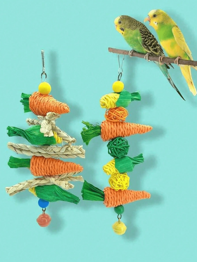 2件/套 随机颜色和款式 手工编织咀嚼玩具，形状有藤蔓、胡萝卜和玉米，适合作为礼物送给小型猫狗爱好者、宠物（仓鼠、兔子、鸟类、鹦鹉等）。 - 彩色 - 查看 4