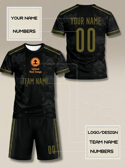 Customize Classic Men's Black Football Uniform Set, Comfortable And Breathable Short-Sleeved Sports Tops, With Personalized Printing Of Numbers And Names. Suitable For Outdoor Sports And Competitions, Casual Gatherings And As Gifts.