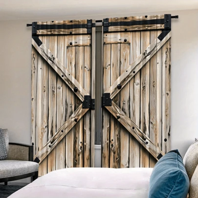 2pcs/Set Farmhouse Blackout Curtains, Rustic Vintage Wood Grain & Barn Door Print, Polyester Curtain Panels For Bedroom And Living Room, Classic Style