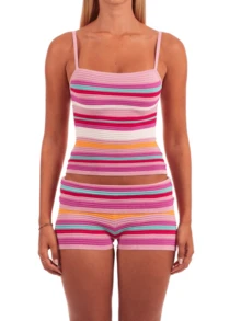 Women's Stripe Knit Spaghetti Strap Crop Top Shorts Casual Summer Loungewear Shorts Sets Matching Outfit For Party Clubwear Vacation - 粉色 - 查看 3