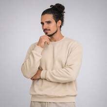 Men's Crew Neck Fleece Sweatshirt, Thick Winter Coat, Cotton - Beige - View 2