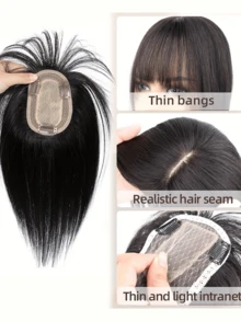 Hairpin Style With Bangs For Women, Human Hair, 8x12 Mesh Bottom, 30g, Natural Seamless Lightweight, Extra Volume To Replace Patches - Natural Black - View 6