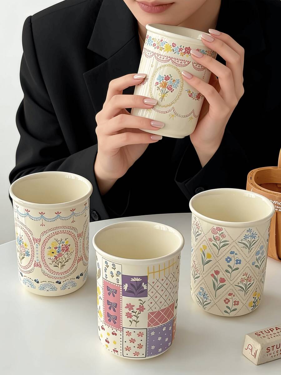 一套精美花卉陶瓷餐具，包括高品质陶瓷水果篮、收纳篮、咖啡杯、早餐牛奶杯和甜点杯，适用于家庭、餐厅、咖啡馆、礼品、派对等场合。
