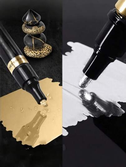 2/1 Pcs Gold, Silver And Black Metal Marker Pens - Permanent Oil-Based Paint Pens Suitable For Crafts, Scrapbooking And Fabrics - Vibrant Colors, Smooth Application, Back To School Season, High Gloss, UV Resistant, Applicable To Wood, Plastic, Glass, Metal, Ceramic - Ideal For Painting, Sketching, DIY Hand-Painting, School And Office Supplies, Best Gift For Students