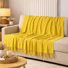 Sofa Blanket Size S Type Cover 100% Cotton With Knot At The Ends - Yellow - View 1