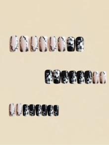 24 Pieces Of Nails Black And White Flower Design For Nails Press On Fake Nails Nails Supplies Art Y2k Nails - Black and White - View 2