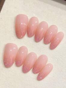 10pcs Handmade Oval Pink Nail Stickers With Cute Rhinestone Decor, Suitable For Women In Spring, Summer, Autumn And Winter, For Holiday And Daily Use - Pink - View 2