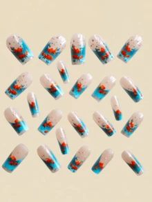 24片装蓝色金鱼图案美甲贴片，美甲用品，Y2K风格美甲 - 青碧色 - 查看 4