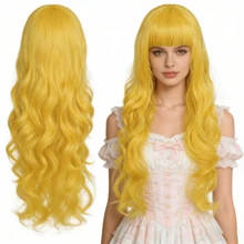 Kawaii Golden Yellow Long Wavy Synthetic Wig With Full Bangs Heat Resistant DIY Stylable Wig For Cosplay Carnival Party Daily Wear - Yellow - View 1