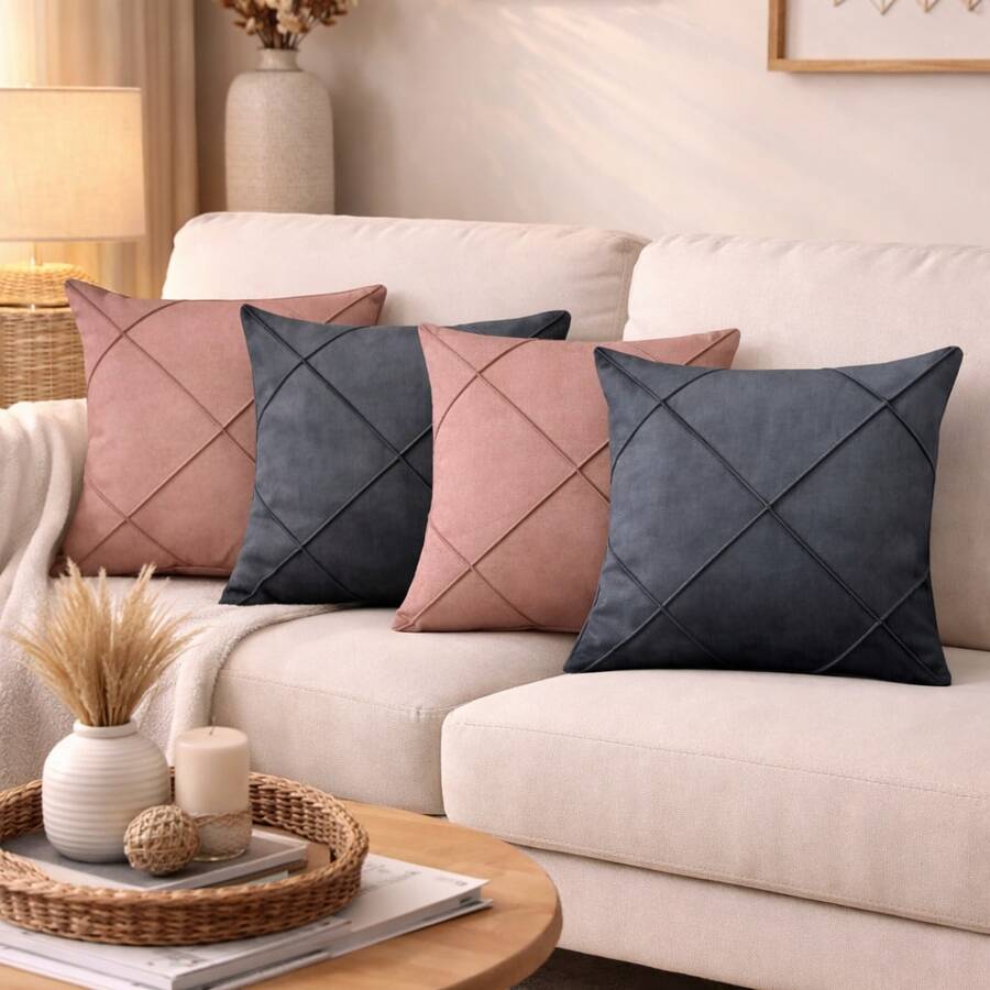 Kit Of 4 Draped Suede Cushion Covers 45x45 With Invisible Zipper - 2 Hồng + 2 Xám. - Xem 1