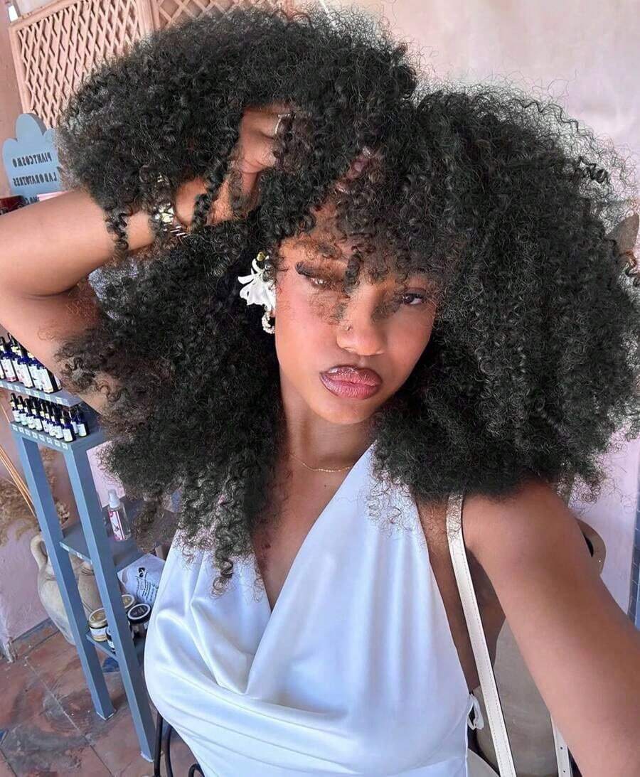 16" Natural Black Color Afro Kinky Curly Wig For Women | Full Fluffy Bomb Style | Soft Synthetic | Daily/Party/Cosplay/Costume - màu đen - Xem 1