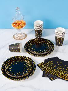 Black & Gold Polka Dot Disposable Plates, Napkins, Cups - 8 Guest Party Supplies Set, Suitable For Birthday, Wedding, Theme Party, Family Picnic - Multicolor - View 5