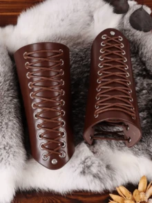 2 chiếc còng tay bằng da PU kiểu Trung cổ, có dây buộc, có thể điều chỉnh, phù hợp cho LARP và Cosplay. - A - Xem 4
