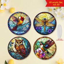 4pcs 2D Flat Printed Bohemian Style Acrylic Round Coasters, Patterns Of Cardinal, Dragonfly, Owl, Hummingbird, Suitable For Restaurant, Cafe, Kitchen, Heat-Resistant Placemats & Coasters - Multicolor - View 10