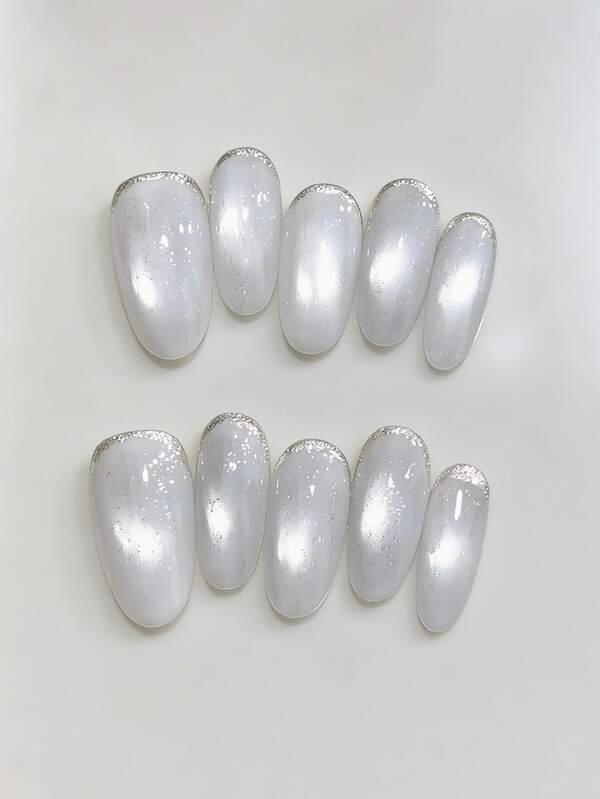 10pcs Pure Handmade Press On Nails Long Oval Nail White And Silver Cat Eye Nails France Cute Pain Y2k Gentle Elegant For Women And Girl,Spring Summer Fall Winter,Holiday And Daily Life Use