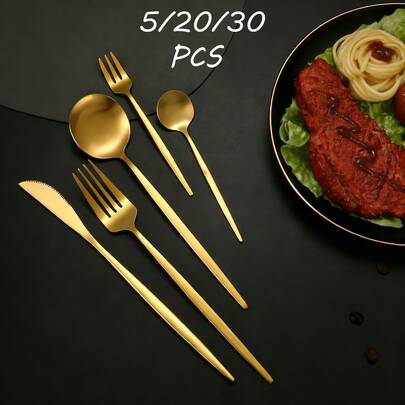 5/20/30 piezas Cuchillo, Tenedor, Cuchara, Tenedor de postre, Cuchara de postre de acero inoxidable con acabado mate, adecuado para el hogar, hotel, restaurante, regalo para vacaciones
