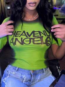 性感夏季女式上衣，印花网纱短袖T恤，适合情人节、夜店、性感派对穿着，透视休闲款 - 檸檬綠 - 查看 2