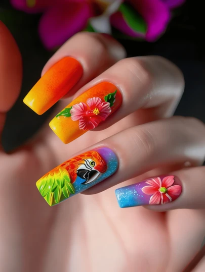 24 Pieces Of Nails Multicolored Parrot Flower Design Nails Press On Fake Nails Nails Supplies Art Y2k Nails