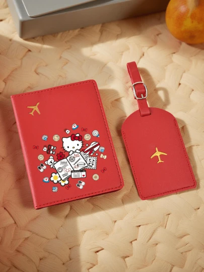 HelloKitty猫咪图案护照夹，带行李牌，PU材质，蜜月旅行必备卡套，行李牌，姓名牌，卡套，挂牌，吊坠，假日旅行必备，旅行背包，旅行包，行李箱，旅行装备，返校书包，学校用品，学习用品