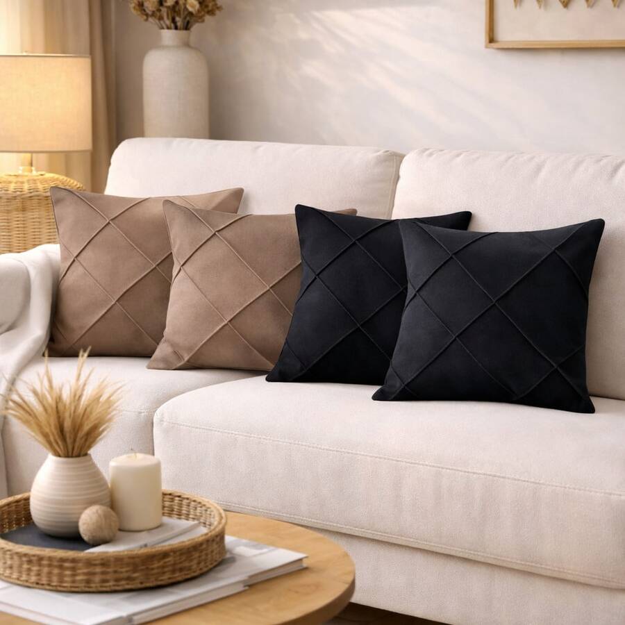 Kit Of 4 Draped Suede Cushion Covers 45x45 With Invisible Zipper - 2 榛果 + 2 黑色 - 查看 1