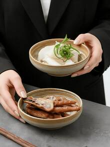 1pc Japanese Retro Ribbed Bowl & Plate Set, High-Quality Handpainted Ceramic Hot Pot Dipping Sauce Dish, Appetizer/Cold Dish Bowl, Suitable For Home, Restaurant, Snack Bowl, Gift - Brown - View 11