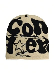 Korean Style Women's Knit Hat, Jacquard Letter Pattern, Fashionable Skull Cap, Street Style Beanie - Black - View 5