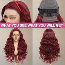 99j 彩色水波纹 13x4 蕾丝前假发，真人混纺发丝，水波纹假发，女士高清透明 34 英寸，200% 密度，浓密丰盈，酒红色蕾丝前假发，预先修剪发际线，适合日常佩戴和万圣节角色扮演。 - SBUG - 查看 3