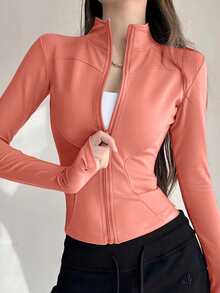 Chaqueta de yoga Y2K ajustada con cremallera y mangas largas con abertura para pulgar - Polvo de pomelo - Ver 1