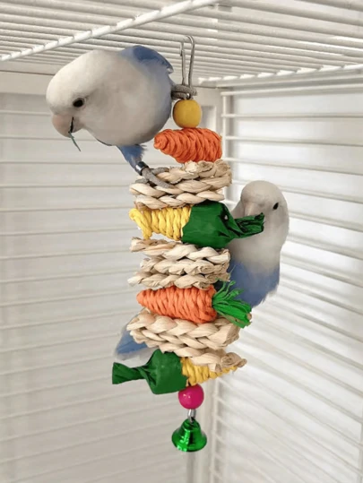 2件/套 随机颜色和款式 手工编织咀嚼玩具，形状有藤蔓、胡萝卜和玉米，适合作为礼物送给小型猫狗爱好者、宠物（仓鼠、兔子、鸟类、鹦鹉等）。
