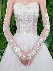 1 Pair Multifunctional Lace White Bridal Gloves, New Lace Gloves, Wedding Dress Gloves, Bridal Wedding Pearl Tulle Long White Banquet Accessory Gloves, Suitable For All Seasons,Summer,Beach,Festival,Birthday - Multicolor - View 5