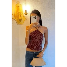Women Backless Sleeveless Tie Back Embroidered Bead  Sequin Halter Tank Top Summer Party Outfits - 酒紅色 - 查看 2
