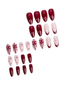 24pcs Medium Almond Shaped Full Cover False Nails - Vintage Elegant & Modern Minimalist, Classic New Year Burgundy With Romantic Valentine's Day Vibe, Decorated With Burgundy Satin Bow Tie, Starburst Pattern With Rhinestones, And Burgundy French Tips Nail Supplies - Burgundy - View 4