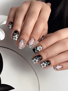 24 Pieces Of Nails Black And White Flower Design For Nails Press On Fake Nails Nails Supplies Art Y2k Nails - Black and White - View 1