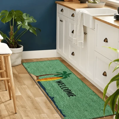 1pc Tropical Coconut Tree Pattern Printed Rug, Faux Wool Mat - Highly Absorbent, Easy To Clean, Suitable For Home Decor, Farmhouse, Entryway, Indoor, Room, Kitchen, Dining Room, Small Office/Home Office, Sink, Laundry Room, Doormat, Kitchen Mat, Non-Slip Mat
