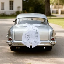 个性化大型汽车蝴蝶结 - 可定制文字的婚礼车装饰，优雅白色缎面新娘车前蝴蝶结，可定制字母的婚礼告别配饰，适用于经典和现代车型，永恒的爱 - 彩色 - 查看 3