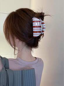 1件韓式藍色咖啡條紋壓克力髮夾，復古優雅女款髮夾，高端百搭馬尾夾，適合海灘 - 彩色 - 查看 4