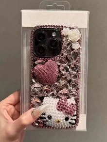 1 pieza Funda de teléfono protectora de lujo, ligera y totalmente cubierta de cristales de imitación, con diseño de Sanrio Hello Kitty 3D en forma de corazón, hecha a mano para iPhone11/12/13/14/15/16/17/PROMAX - Rosa - Ver 1