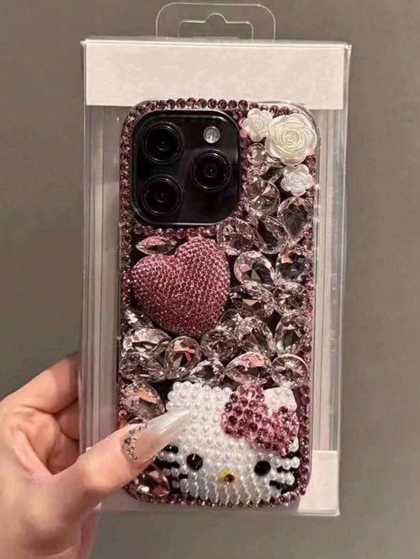 1 pieza Funda de teléfono protectora de lujo, ligera y totalmente cubierta de cristales de imitación, con diseño de Sanrio Hello Kitty 3D en forma de corazón, hecha a mano para iPhone11/12/13/14/15/16/17/PROMAX - Rosa - Ver 1