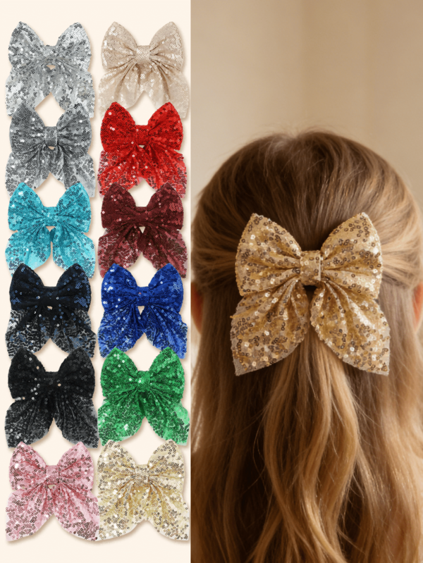 1 pieza Clip de pelo con lazo de lentejuelas para niñas, tocado para fiesta y actuaciones, clip de pelo versátil y de varios colores que no daña el cabello