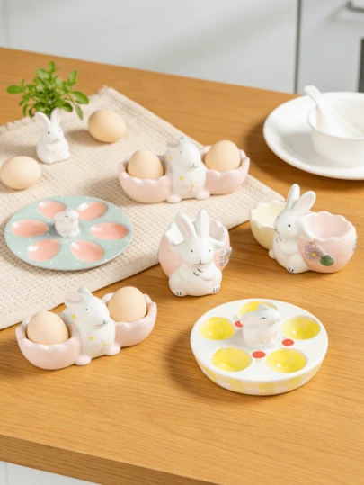 [Hot Selling New] Easter White Ceramic Rabbit Egg Cup, Breakfast Egg Holder, Ceramic Crafts Home Decor