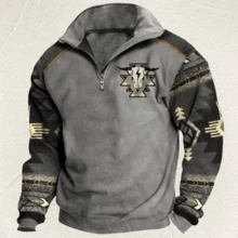 Mens Cowboy Vintage Bull Head Print Western Sweatshirt For Men Casual Long Sleeve 1/4 Zip Pullover - Xám - Xem 2