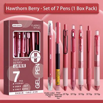 7Pcs/Box Fashion Pink Gradient Stationery Set, 6Pcs 0.5mm Quick Dry Black Gel Pens & 1Pc Highlighter, Retractable Structure, Ideal For Learning Tasks, Business Meetings, Note Recording, Craft Making & Daily Life