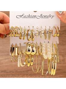 Bộ khuyên tai ngọc trai giả phong cách Bohemian 36/24/12 chiếc, khuyên tai vòng vuông hình chữ C tối giản thanh lịch dành cho nữ, phù hợp để đeo hàng ngày và dự tiệc, món quà ngày lễ tinh tế. - Vàng - Xem 1