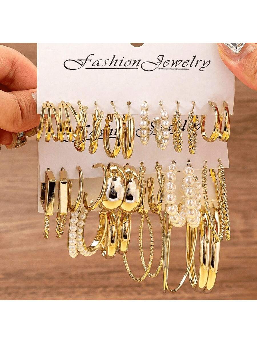 Bộ khuyên tai ngọc trai giả phong cách Bohemian 36/24/12 chiếc, khuyên tai vòng vuông hình chữ C tối giản thanh lịch dành cho nữ, phù hợp để đeo hàng ngày và dự tiệc, món quà ngày lễ tinh tế. - Vàng - Xem 1
