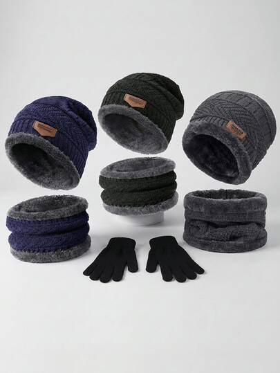 1/2/3pcs Men's Winter Knitted Beanie, Thick Fleece Lined Warm Hats For Teenagers, Korean Style Cotton Padded Winter Caps, Suitable For Daily Use