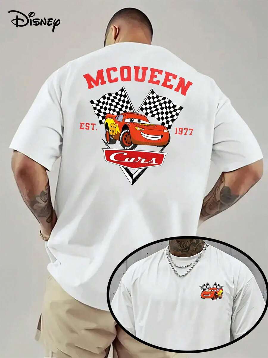 "Disney Genuine Authorization" 1pc Car Lightning McQueen Short Sleeve, Pixar Car Role, Fashion Cartoon Cotton T-Shirt Short Sleeve Design, Cartoon Short Sleeve, Men's Short Sleeve. - 白色 - 查看 1