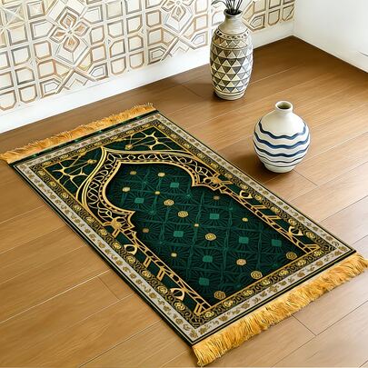 1pc Luxurious Green Background With Golden Vintage Floral Border Design Decorative Rug, With Golden Tassel Edges, Bohemian Style, Plush Carpet, Thick Carpet, Fuzzy Carpet, Autumn/Winter Carpet, Thick Carpet