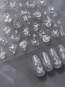 1片法式果冻美甲贴纸，梦幻泡泡流星蝴蝶星星月亮图案，自粘式，适用于美甲DIY装饰，美甲用品。 - 彩色 - 查看 1